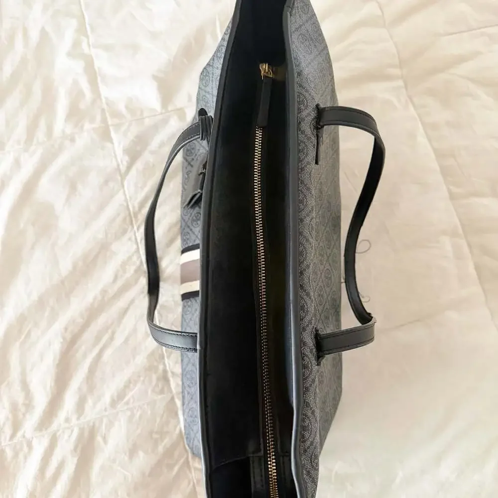 Tory Burch T Monogram Coated Canvas Large Tote Shopper Bag Gray Black Leather